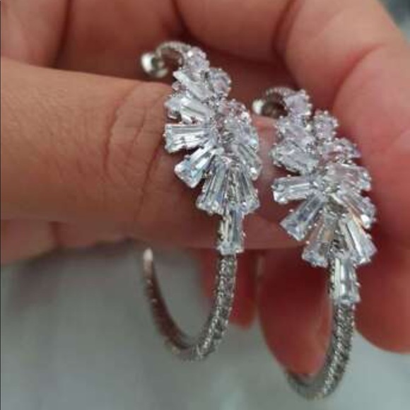 White Sapphire Sterling Silver Hoop Earrings - Picture 3 of 4